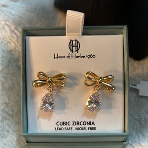 Gold bow drop CZ earrings